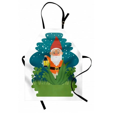 

Gnome Apron Character Dwarf with Lantern on Grass Meadow with Shamrock Leaves at Night Unisex Kitchen Bib with Adjustable Neck for Cooking Gardening Adult Size Multicolor by Ambesonne