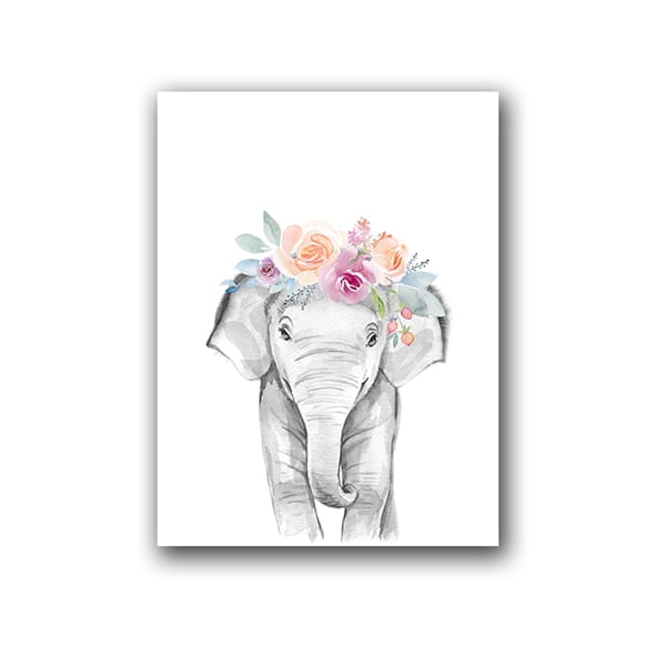 Autorización:Animales Floral corona arte decoración lienzo pintura, bebé niña impresiones Animal jirafa elefante León pared arte cuadro guardería póster Adepaton 1243-9