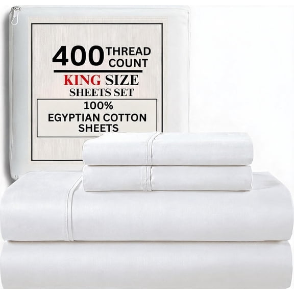 Egyptian Cotton King Sheet Set 400 Thread Count White Sateen Weave 15 Inch Deep Fitted Sheet with Pillowcases