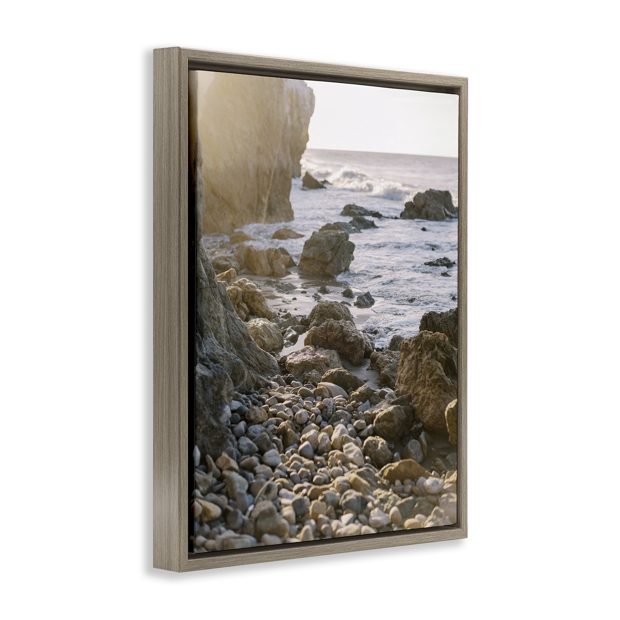 Stupell Industries Rocky Coast Waves Landscape Photography Brown Floater Framed Canvas Art Print Wall Art, 25 x 31