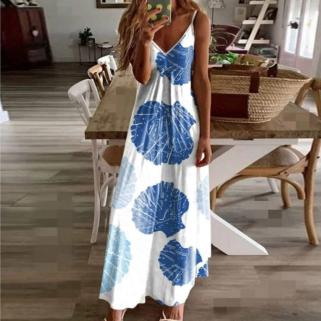 Lenago Hauts pour Femmes Grande Taille Chic Décontracté Boho Été Col en V Profond Sans Manches Robe Maxi pour Femmes, Robe d'Été Décontractée à Imprimé Élégante Évasée Longue Robes d'Été de Plage en Liquidation