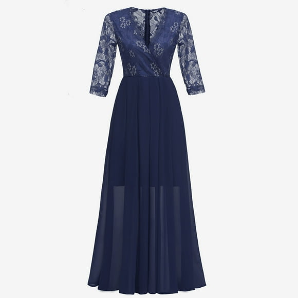 Meichang Womens Sexy V Neck Bridesmaid Dresses 3/4 Sleeves Lace Tulle Wedding Guest Dresses Solid Color Formal Evening Party Maxi Dresses Prom Cocktail Dresses