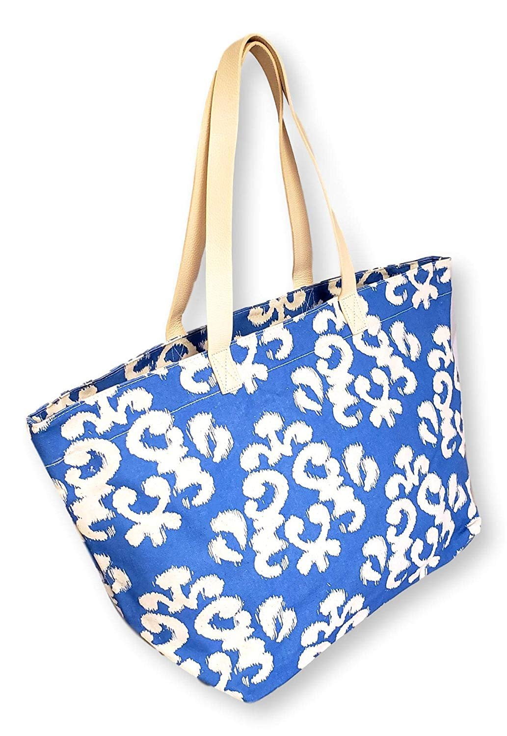 Large Blue and White Whale Print Rope Handle Canvas Beach Bag 