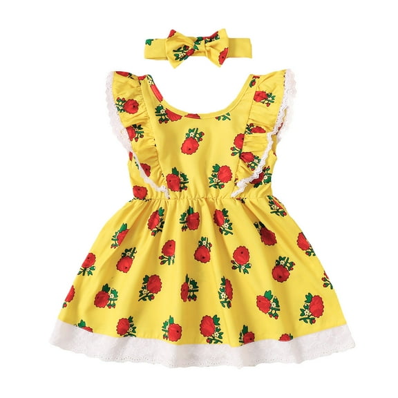 Mikrdoo Baby Girls Clothes Rose Print Sleeveless Summer Casual Ruffle Backless Dress With Headband 2Pcs Infant Kid To Toddler Kid Yellow
