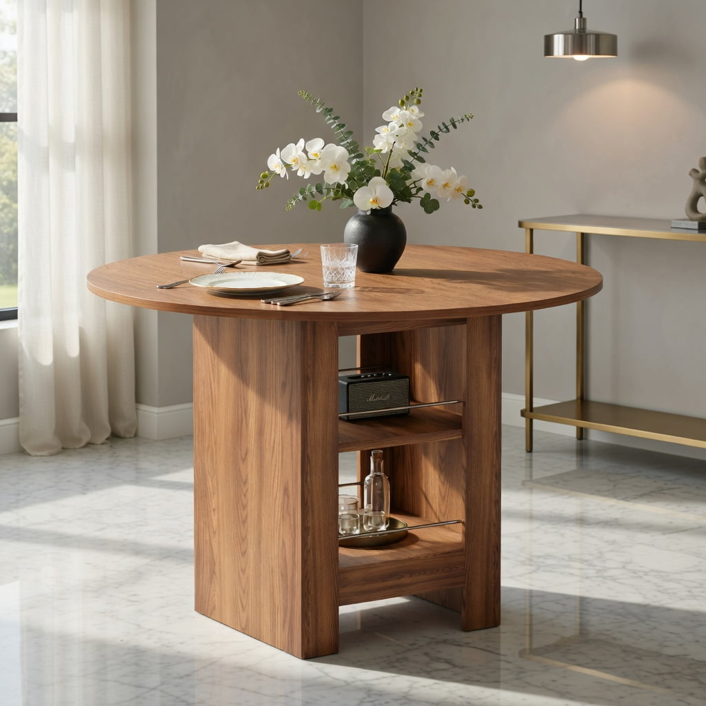 Hommoo 42" Round MDF Dining Table with Dual-Tier Storage Shelves, 30" Height, Non-Slip Pads, Modern Farmhouse Style for Kitchens & Small Apartments, Walnut