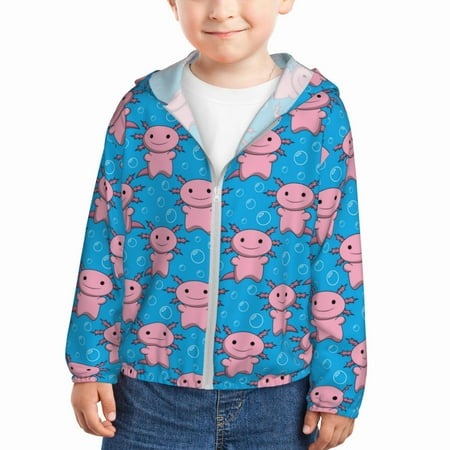 

Sun Hoodie for Kids Cute cartoon Axolotl bubbles blue Long Sleeve Swim Fishing Shirts Sun Protection Zip Up Jacket Clothing Athletic Hoodie