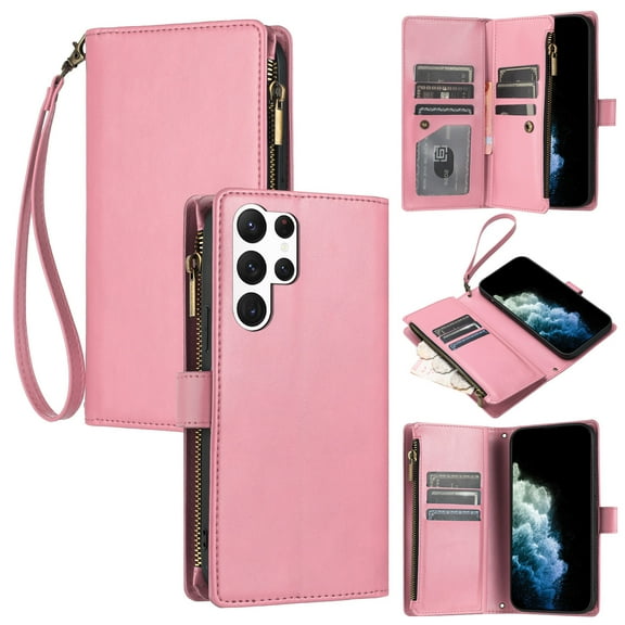 SaniMore Wallet Case for Samsung Galaxy S23 Ultra, RFID Blocking PU Leather Zipper Handbag Purse Flip Cover, Kickstand Folio Case with Card Slot Wrist Strap Lanyard for Samsung S23 Ultra, Pink