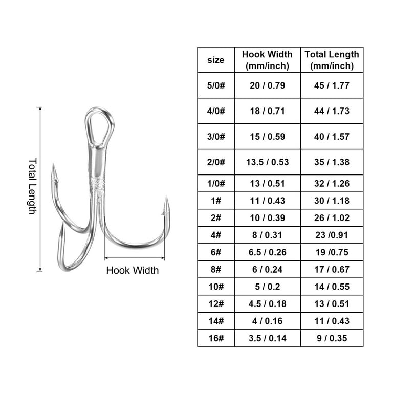 5/0#1.77 inch Treble Fish Hooks Carbon Steel Sharp Bend Hook with Barbs, White 50 Pack, Size: 45mm/1.77