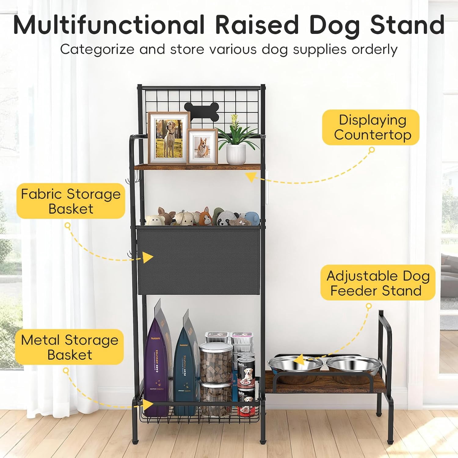 Elevated Dog Bowl Stand with Storage Organizer, Adjustable Raised Pet Feeding Station for Large Medium Small Breed