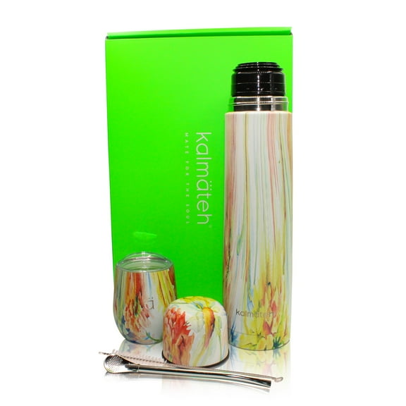KALMATEH Yerba Mate Set- Includes Yerba Mate Gourd, Vacuum Insulated Thermos 1000ml, Bombilla Straw and Cleaning Brush (Flower Power)