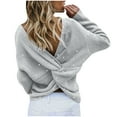 thumbnail image 3 of UTSJKR Women's Cable Knit Sweaters Elegant Solid Pearls V Neck Pullover Tops Trendy Twist Loose Fit Cozy Jumper Knitwear Fall Long Sleeve Sweaters 2024 Fashion Clothing Gray M, 3 of 6