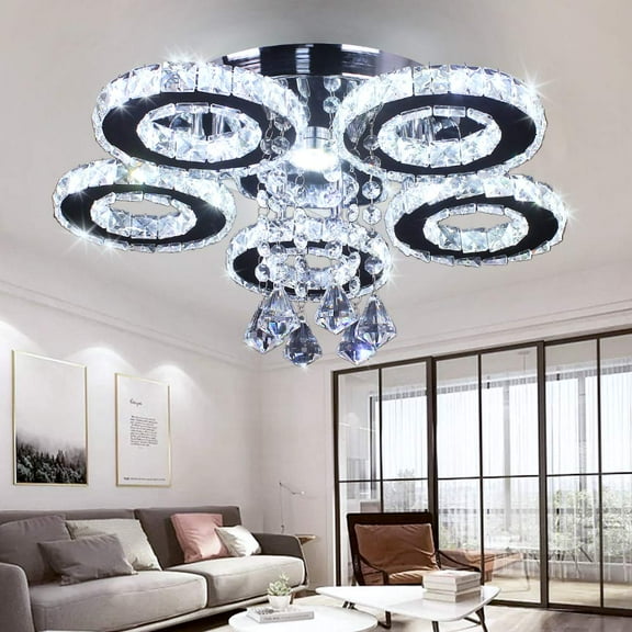 FRIXCHUR Crystal LED Ceiling Light 5 Rings Flush Mount Pendant Chandelier Lighting(Cool White)