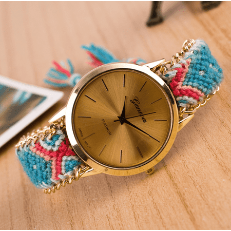 ON SALE - Offbeat Hand Woven Watch in 13 Colorful Patterns Aqua & Coral