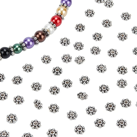 300pcs Tibetan Flower Spacer Beads 6mm Silver Beads Daisy Spacers Alloy Metal Jewelry Spacers Mini Snowflake Loose Beads for Bracelet Necklace Earring Jewelry Making