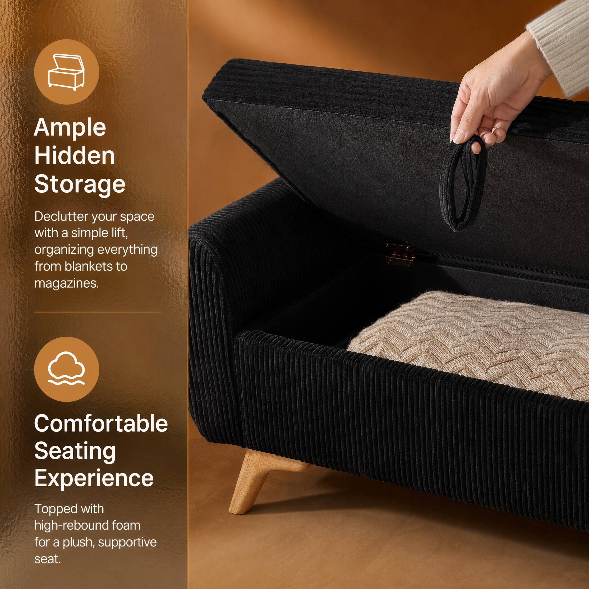 Storage Bed Bench 57 Inch, Corduroy Upholstered Bench with Flip Top Storage for Bedroom Hallway, Black