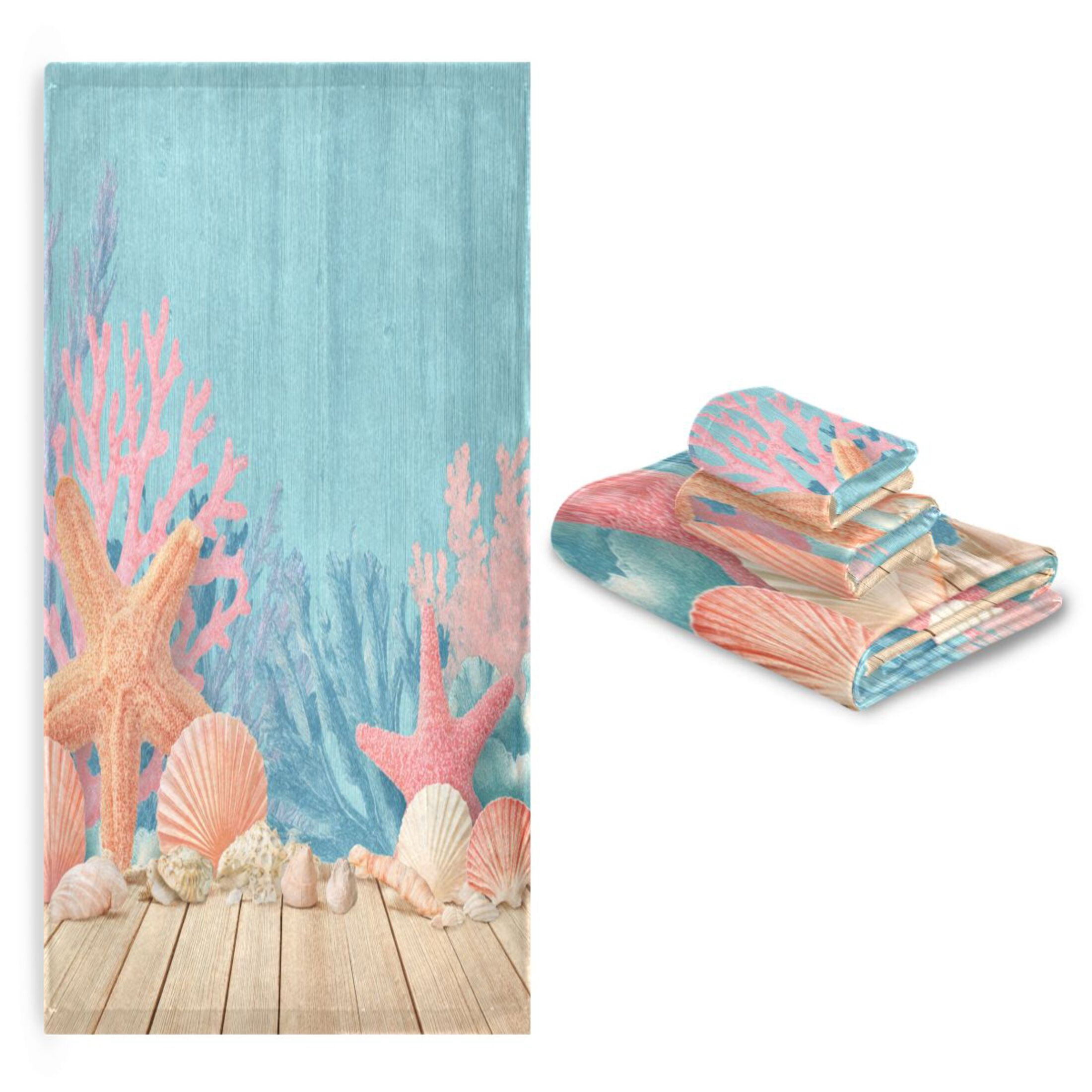 3 Piece Bath Towels Set Bath Towel, Hand Towel and Face Towel for Bathroom, Gym, Hotel Colorful Starfish and Seashells