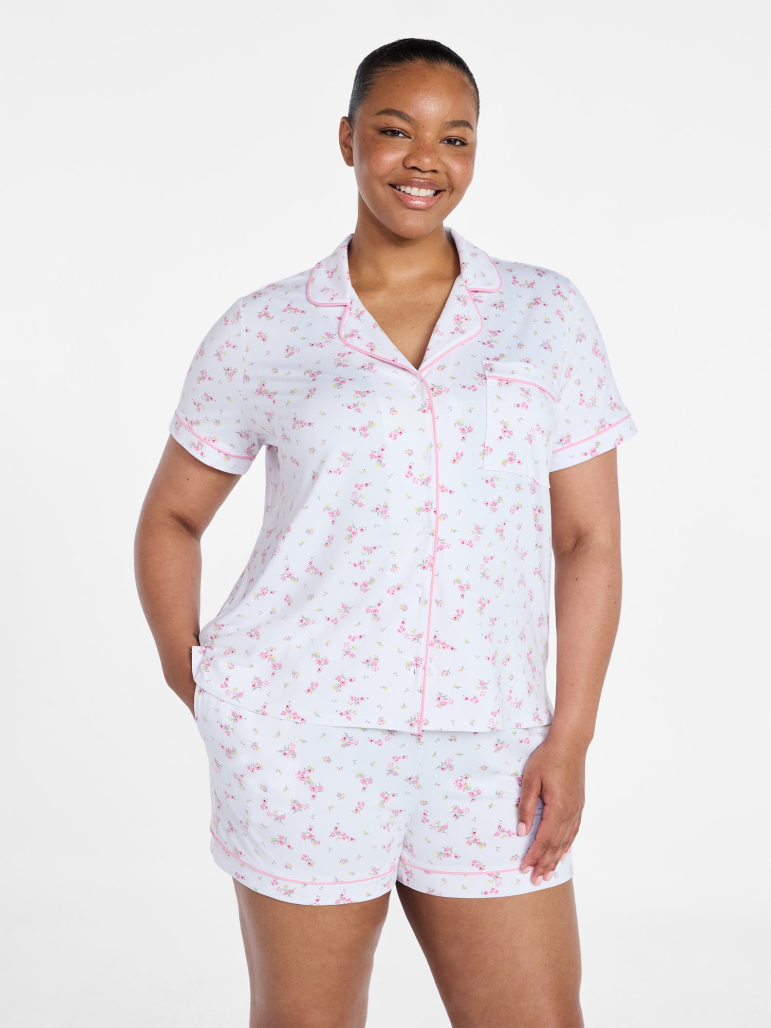 Joyspun Women’s Mommy and Me Notch Collar Top and Shorts Family Matching Pajama Set, Sizes XS-3X