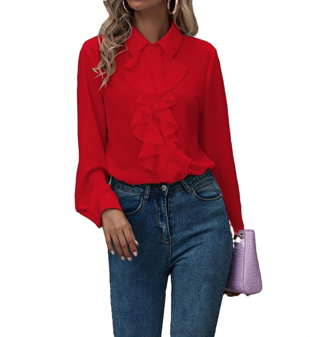 Red Solid Button Front Elegant Shirt Women's Blouses - Walmart.com