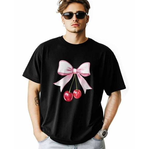 Men's T-Shirt Red Cherry with Light Pink Bow Short Sleeve Casual Tee Classic Crew Neck T-Shirt for Men, M