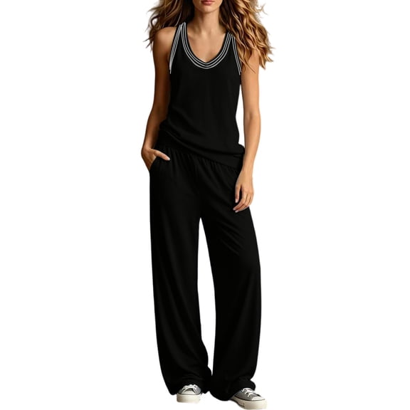 PRINxy Women Multi Pocket Daily Two Piece Set Summer Sleeveless V Neck Vest High Waist Wide Leg Pants Travel Home Comfortable Leisure Outfit Black S