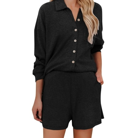 

Pajamas For Women Solid Color Strip Button Lapel Casual Fashion Homewear Shorts Set Pajamas For Women