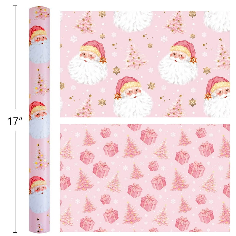 HOMERAL Christmas Wrapping Paper Roll - Pink Gift Wrap with Santa Claus Head, Snowflake, Gift Box, Christmas Tree - Perfect for Christmas - 17 Inch X 33 Feet