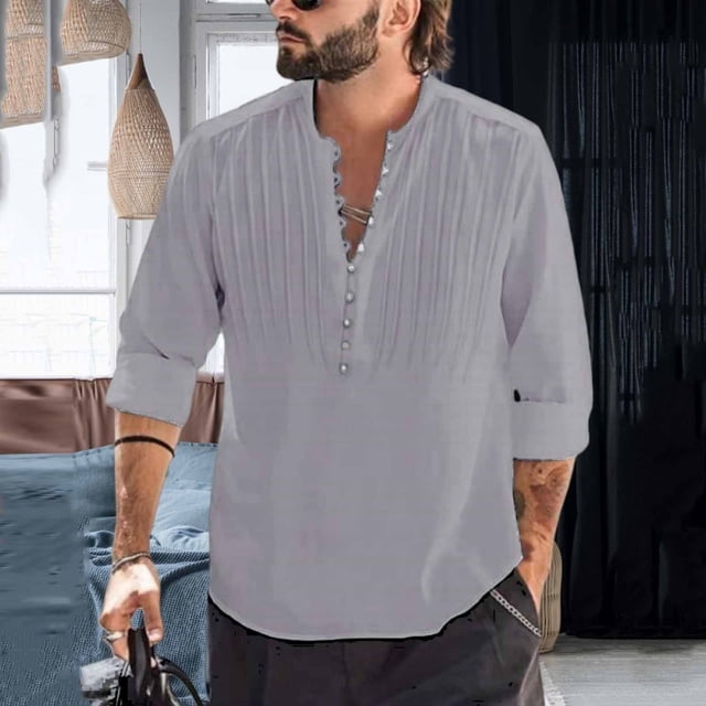 SBYOJLPB Man Solid Color Fashion forechest Fold Loose Button Half-cardigan Long Sleeves Standing Collar Pullover Top
