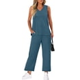 thumbnail image 6 of 2 Piece Outfits Women Fall Lounge Sets V Neck Tops Wide Leg Pants Vacation Travel Sweatsuits with Pockets, 6 of 6