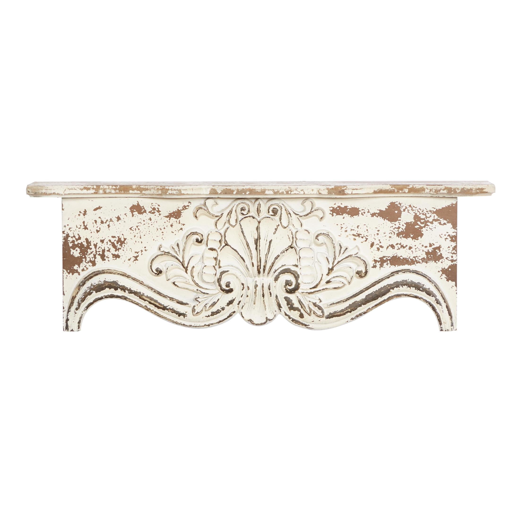 DecMode 28" x 6" Distressed 1-Tier White Scroll Wall Shelf
