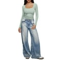 thumbnail image 3 of Women'S Solid Color Long Sleeve U-Neck Ribbed Knitted Casual Top Slim Fit Basic Shirt Light Green M, 3 of 6