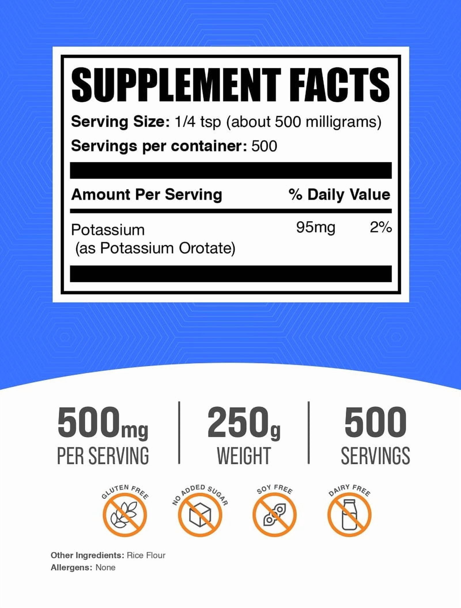 BulkSupplements Potassium Orotate Powder - 500mg per Serving - 250 Grams (8.8 oz) - 500 Servings