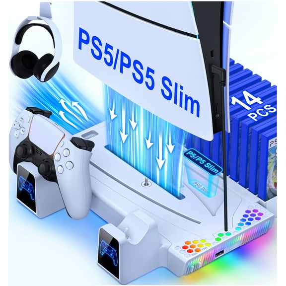 PS5 Stand with Cooling Sation for PS5 Slim/PS5,ESYWEN PS5 Accessories with PS5 Cooling Stand for PS5 Slim/Disc/Digital & PlayStation 5 Accessories-White