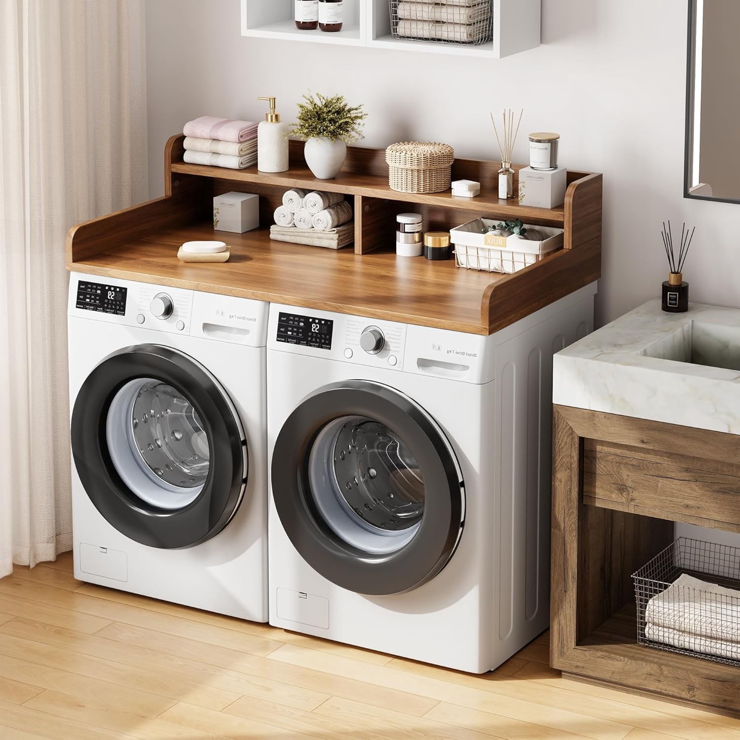Gaderth 2-Tier Washer Dryer Countertop with Shelf, Laundry Countertop Cover with Non-Slip Pad, Laundry Topper with Edge for Washer Dryer Laundry Hamper Counter Storage Organization 54"X27.5"