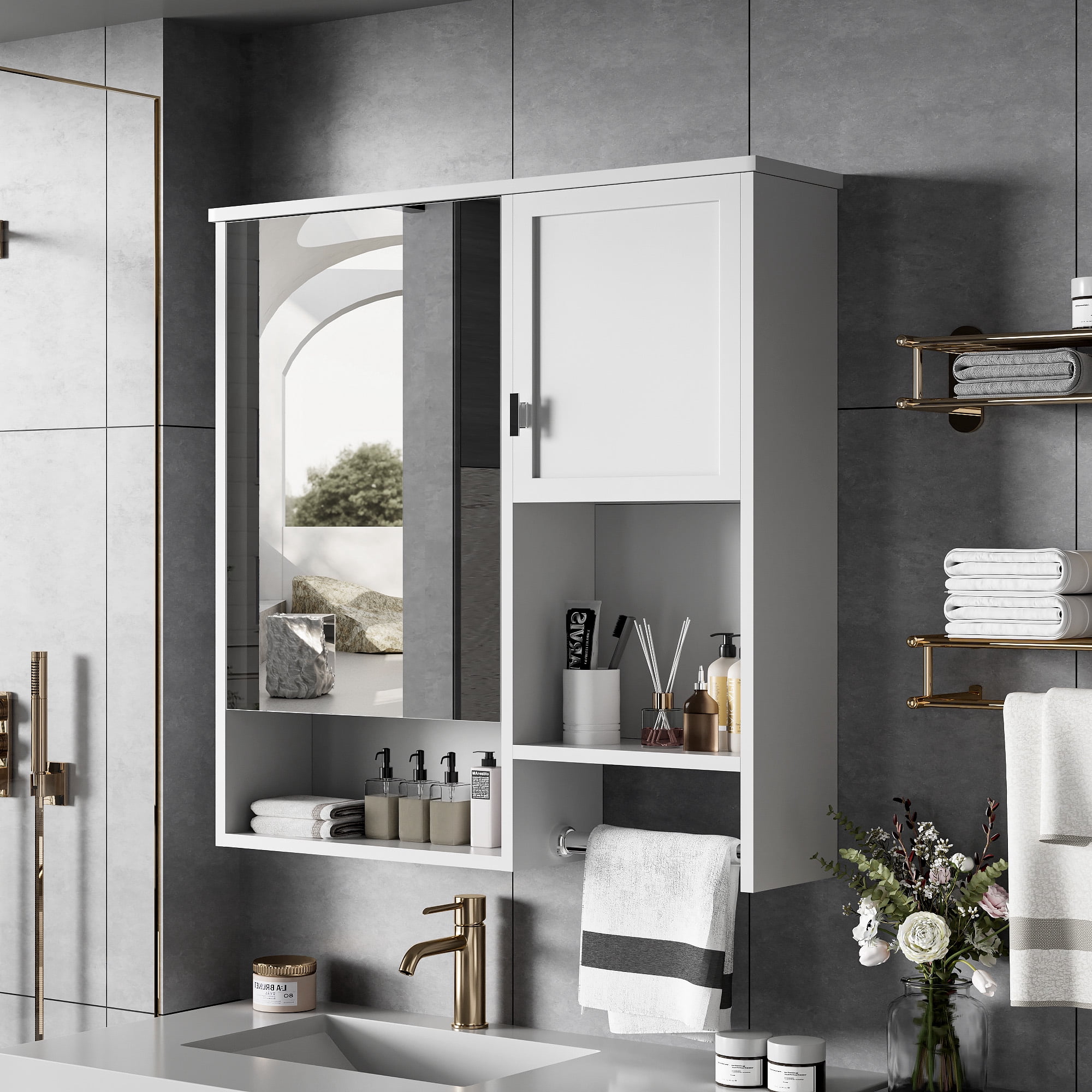 Euroco Wall-Mounted Bathroom Mirror Cabinet, Adjustable Shelf, Waterproof MDF, Space-Saving Medicine Cabinet with Storage for Bathroom, Bedroom or Over Toilet, 27"x23.6"