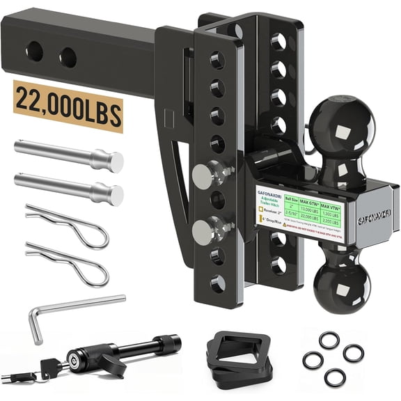 RONGTUO Adjustable Trailer Hitch, Fits 2-Inch Receiver, Dual Ball 2" & 2-5/16", 22,000 lbs Max GTW, 6" Drop/Rise, Premium Manganese Steel, Bulletproof Locking Pin, Anti-Rust, Anti-Rattle