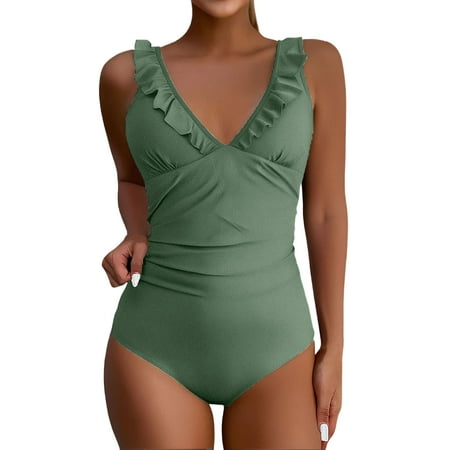 Biziza One Piece Swimsuit for Women Padded Green Ruffled with Built in Bra 2025 Basic Trendy Solid Color Tummy Control Swimsuits Ruffle Mock Turtleneck Spandex Bathing Suits
