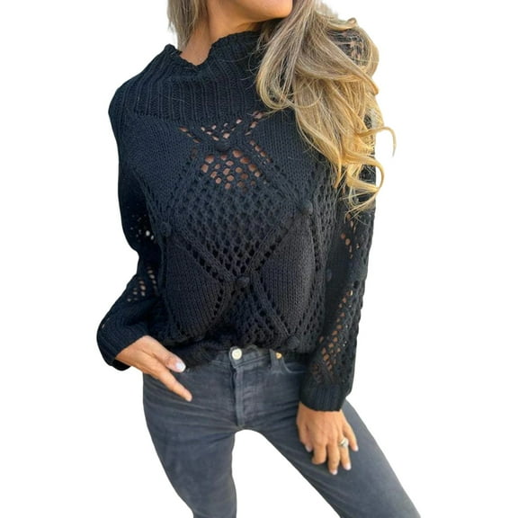 Women Sweater Round Neck Long Sleeve Hollow Design Jacquard Decor Knitting Tops Solid Color Loose Fit Casual Sweater