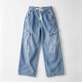 thumbnail image 7 of Women Washed Wide Leg Denim Pants, Casual Loose Fit Long Jeans with Side Pockets Blue-C XL(XL), 7 of 7