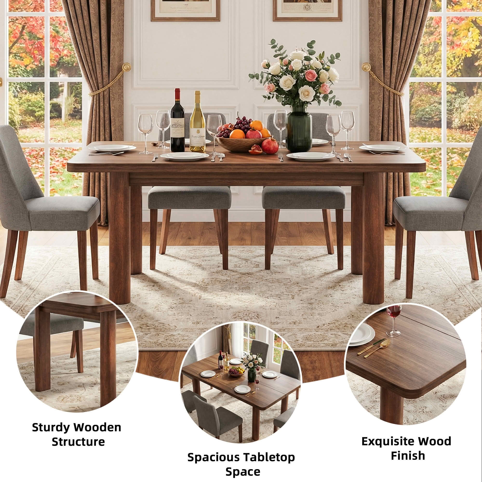 MAYEERTY 63" Brown Farmhouse Dining Table, 4-6 Person Easy Assembly Rectangular Kitchen Table