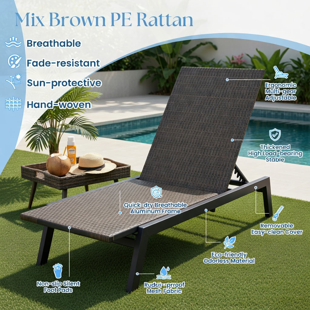 Hommoo PE Rattan Chaise Lounge Chair with 5-Position Adjustable Backrest, Heavy-Duty Steel Frame, Rolling Wheels, Woven Outdoor Recliner for Patio, Poolside & Deck, Brown