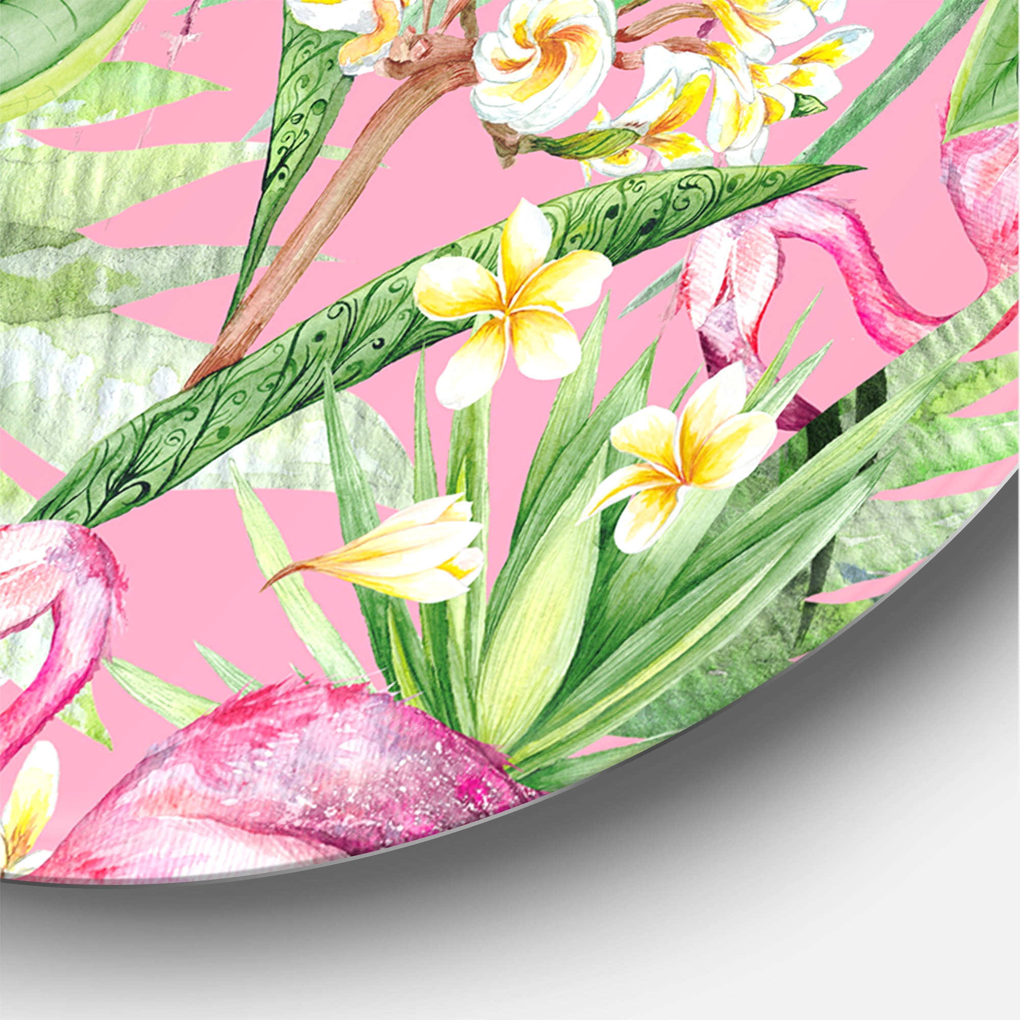 Designart 'Yellow Flowers, Tropical Foliage With Flamingo III' Modern Circle Metal Wall Art 23x23 - Disc of 23