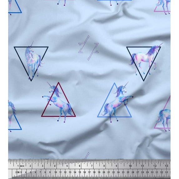 Soimoi Blue Poly Georgette Fabric Unicorn & Triangle Geometric Print Fabric by the Yard 52 Inch Wide