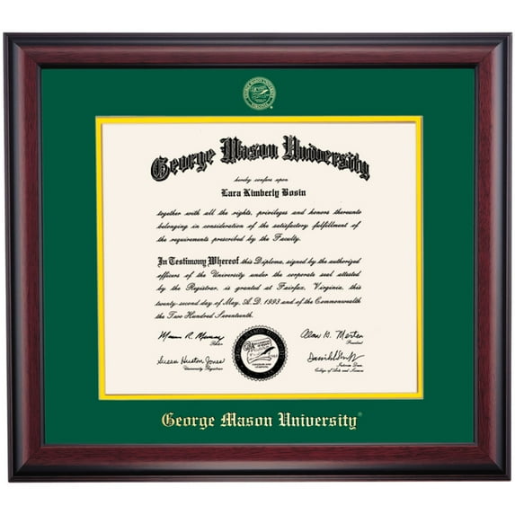 OCM Diploma Frame for George Mason University GMU, 21" x 24" Law Diplomas Frame, Embossed Hunter Green/Yellow Mat