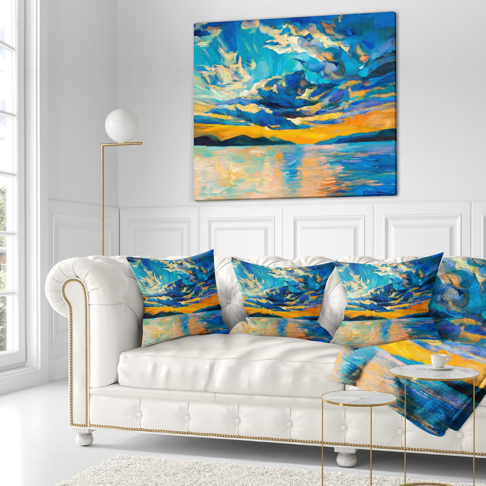 Designart Orange Sunset with Blue Sky - Modern Painting Throw Pillow - 18x18