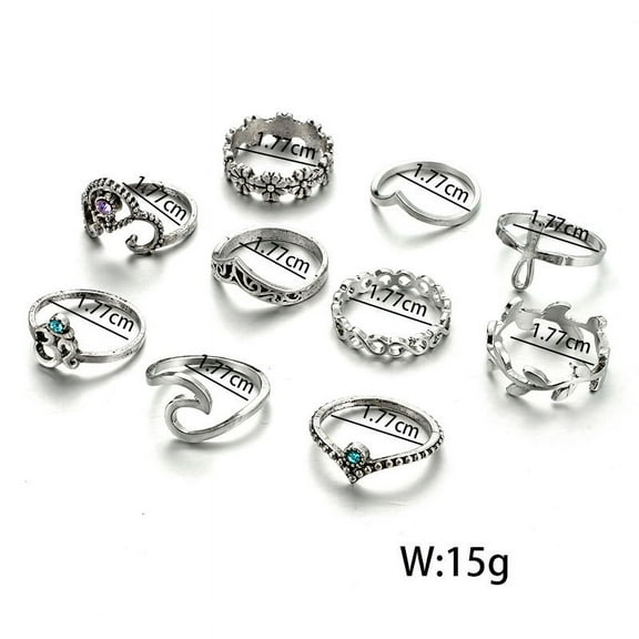 Latrodar 10pcs/Set Women Bohemian Vintage Stack Rings Above Knuckle Blue Rings Set Silver