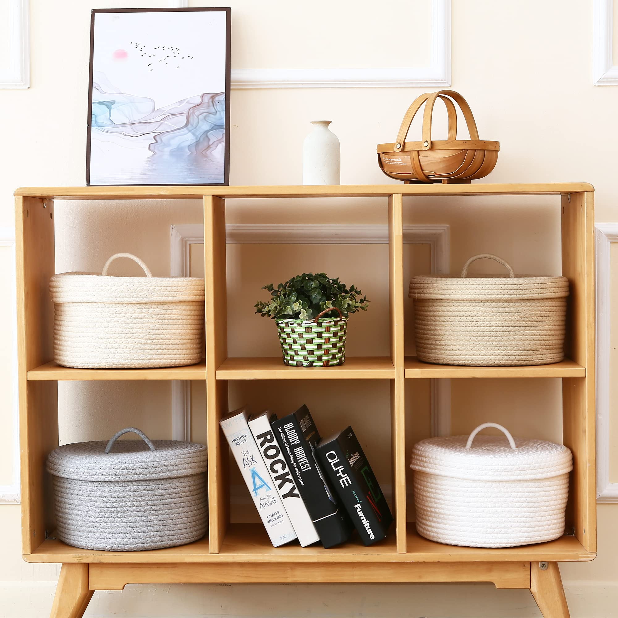 Sea Team Round Cotton Rope Storage Basket with Lid, Lidded Woven Storage Bin, Nursery Storage Container, Diaper Caddy, Baby Shower Basket, Box, Organizer, 11.8 x 11.8 x 6.7 Inches, Cream