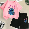 thumbnail image 3 of Conjunto de dos piezas de camiseta y pantalones cortos de Disney Stitch para niños de verano 2024, conjunto de pantalones cortos de manga corta informales a la moda para niños y niñas, ropa para niños, 3 of 5