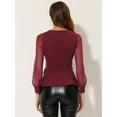 thumbnail image 3 of INSPIRE CHIC Top de malla de manga larga con cuello en V y dobladillo con volantes para mujer, elegante, con cinturón Rojo oscuro M, 3 of 4