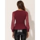 thumbnail image 3 of Top de malla de manga larga con cuello en V y dobladillo con volantes para mujer, elegante, con cinturón Rojo oscuro XS, 3 of 4