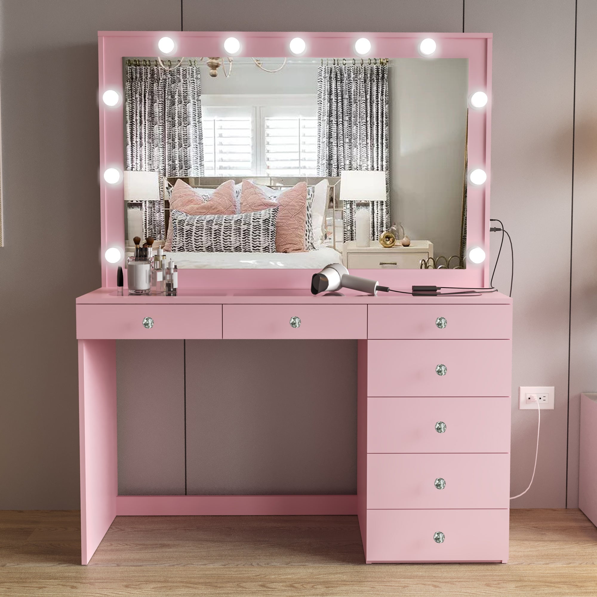 Free Shipping Ember Interiors Dressing Table with Mirror 11 Built in Lights 7 Drawers Basic Knobs Pink Walmart